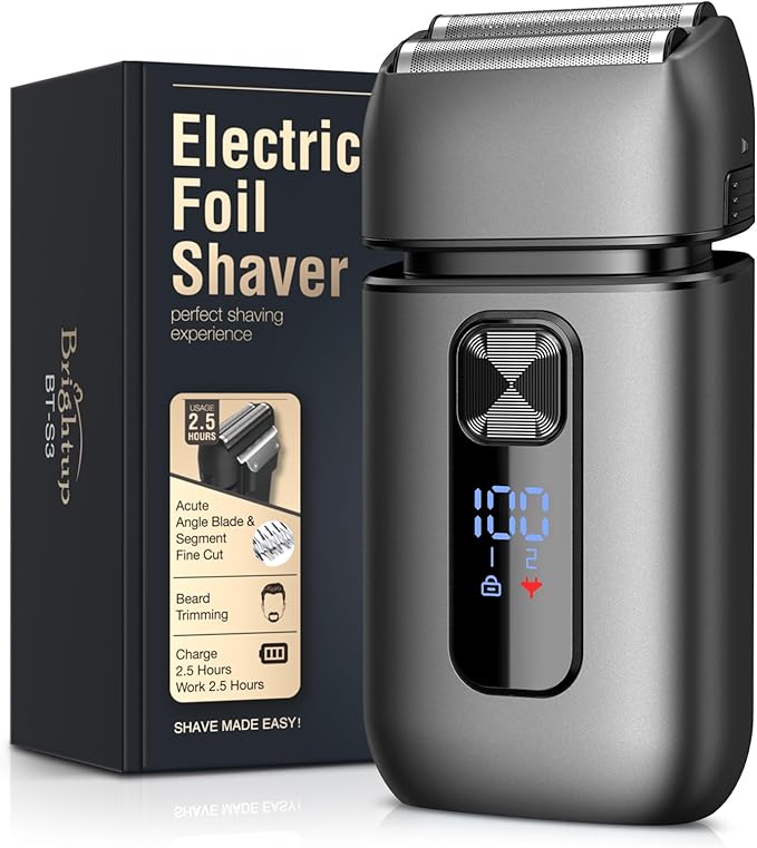 Brightup Foil Shaver, Mens Electric Razor, Shavers for Men with Trimmer, Cordless USB-C Rechargeable Waterproof Double Floating Blades for Close Shaving Face, 2 Speed, LED Display&Travel Pouch, Gray
