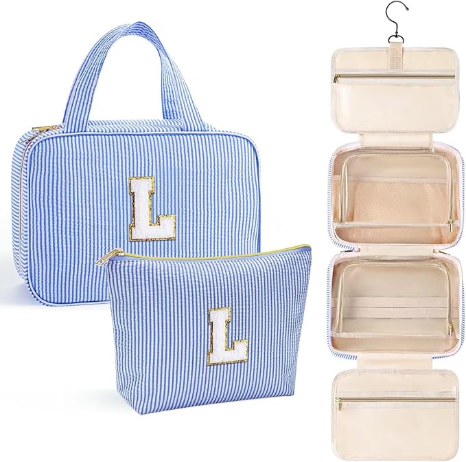 YOOLIFE Kids Toiletry Bag Initial Makeup Bag for Teen Girls - Birthday Gifts for 7 8 9 10 11 12 13 14 15 16 17 18 Year Old Girls, Teen Girl Gifts Trendy Stuff - Letter L, Blue