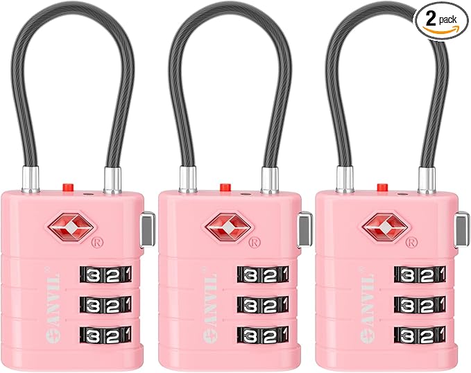 ANVIL TSA Approved Luggage Locks – High Security TSA008 Combination Travel Locks with Inspection Indicator for Suitcases and Backpacks. (3, Pink)