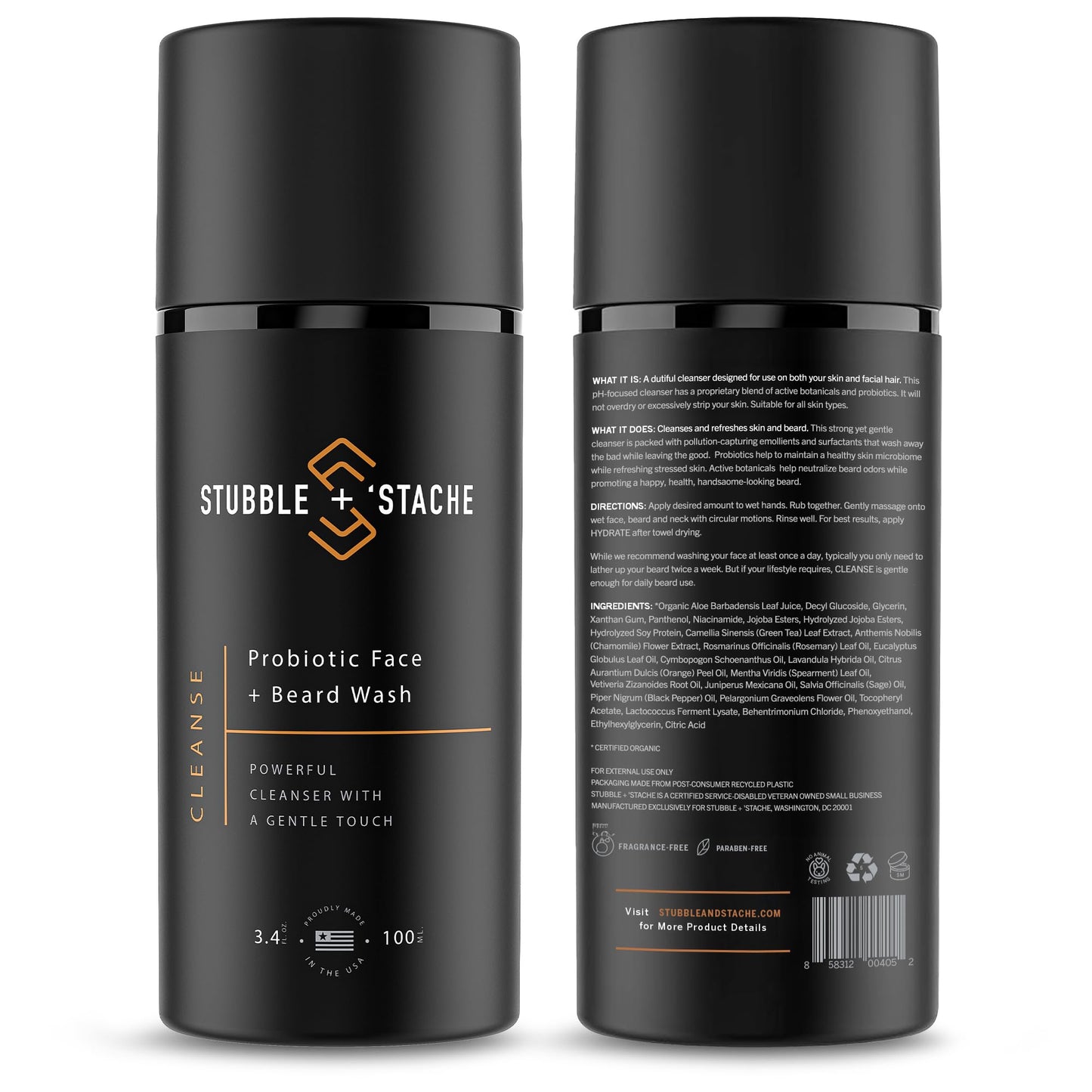 stubble & stache Face Wash and Beard Wash for Men – Daily Facial Cleanser with Niacinamide, Aloe Vera, Green Tea, and Probiotics – Fragrance-Free – 3.4 fl oz