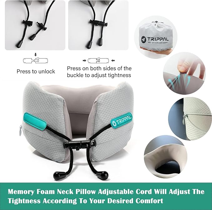 Travel Neck Pillow for Airplane, Neck Chin Support, Memory Foam, Machine Washable,Neck Pillow for Airplane Sleeping Car Office Grey M