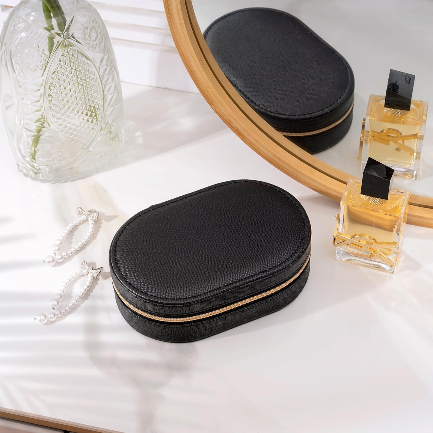 ProCase Travel Jewelry Organizer Box, Small Jewelry Organizer for Earrings Bracelet Necklace Ring, Compact Jewelry Storage Case for Women Girls -Black