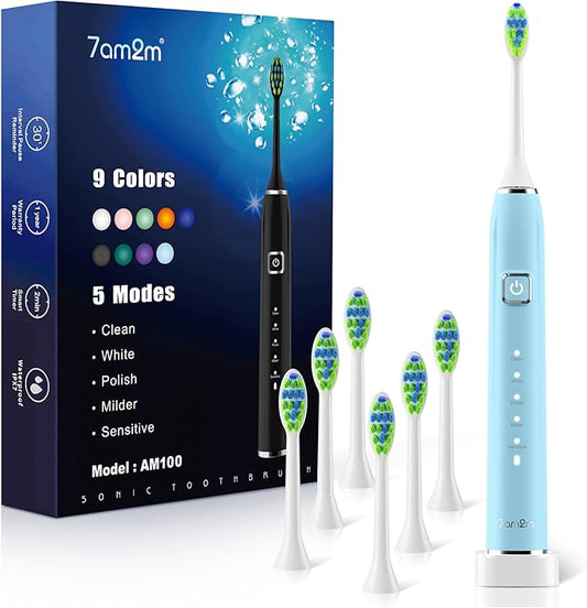7AM2M Sonic Electric Toothbrush with 6 Brush Heads for Adults&Kids, One Charge for 120 Days, Wireless Fast Charge, 5 Modes, 40000VPM Powered Toothbrush, 2 Minutes Built in Smart Timer (Light Blue)