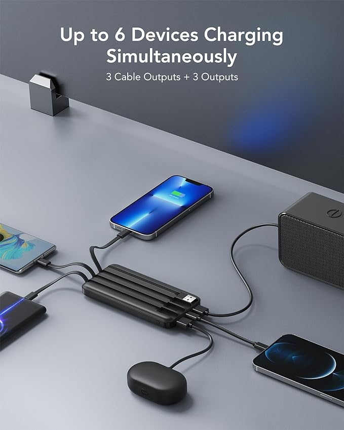 charmast Portable Charger with Built in Cables, Power Bank with Cords Wires, Slim 10000mAh Travel Battery Pack 6 Outputs 3 Inputs 3A Fast Charging for Samsung Google Pixel LG Moto iPhone iPad
