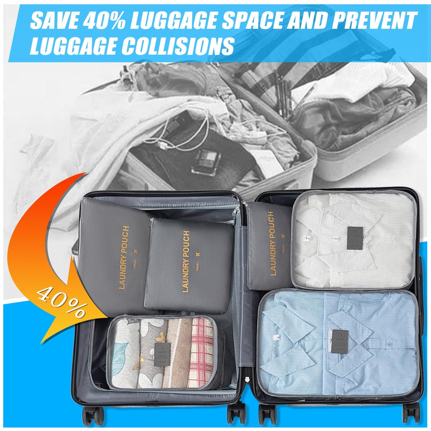 12 Set Travel Packing Cubes Luggage Packing Bags Reusable Lightweight Suitcase Organizer Cubes Set for Travel Accessories (Deep Blue+Grey)