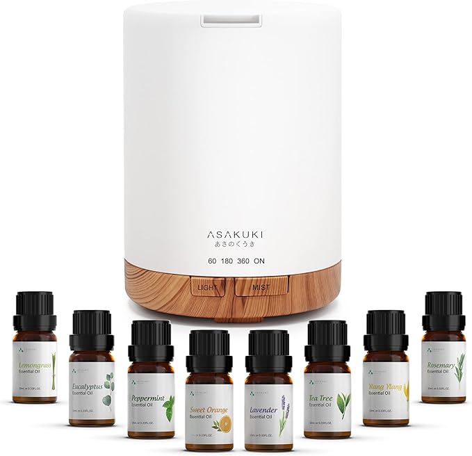 ASAKUKI Essential Oil Diffuser, Aromatherapy Cool Mist Home Humidifier with 7 LED Color Changing Light and Auto-Off Safety Switch, 8 Essential Oils Set, 300ml (Brown with Oils)