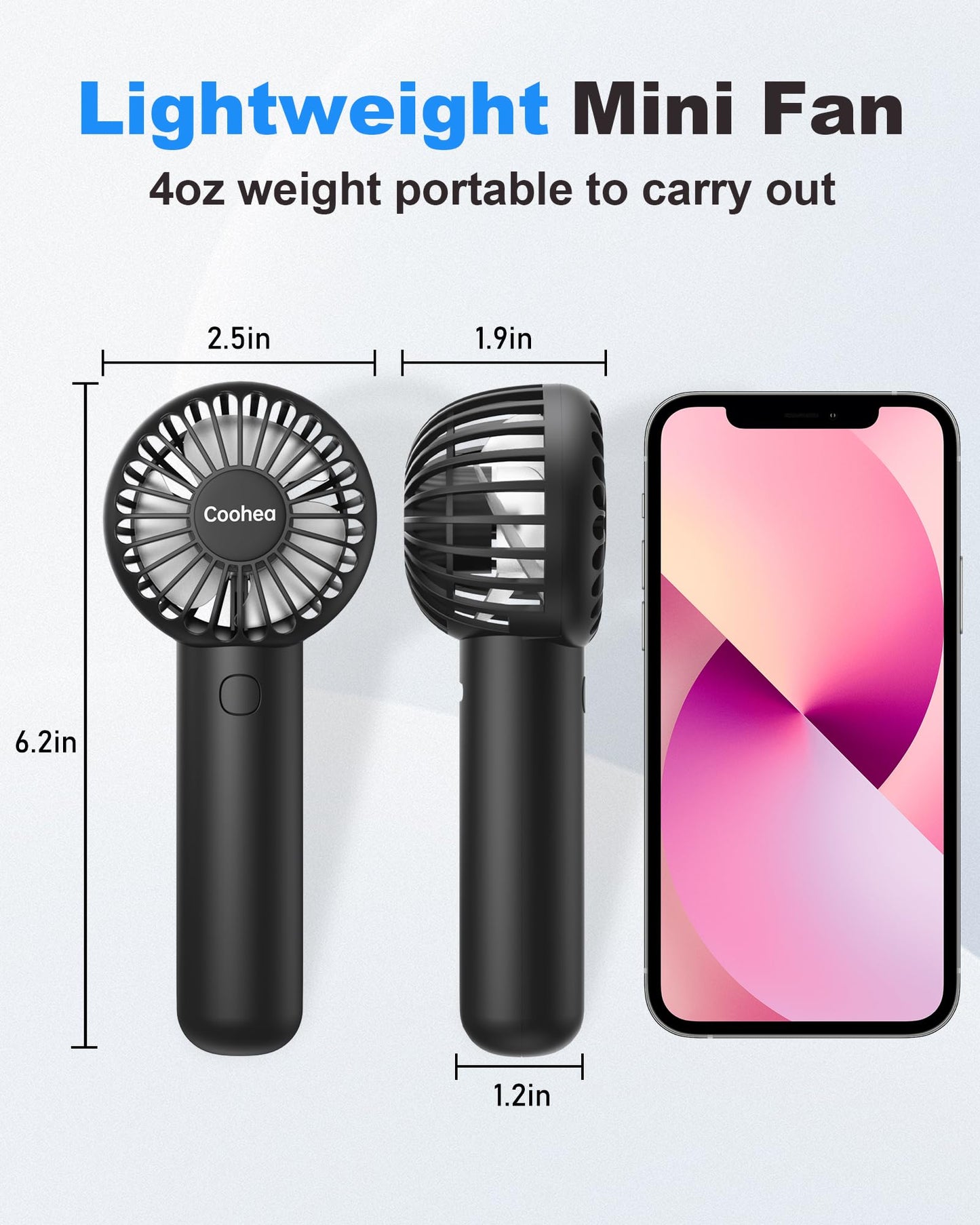 Coohea Mini Handheld Fan, Small Cute Design, 3 Powerful Speeds, USB Rechargeable Battery Operated, Personal Portable Fan with Base & Lanyard, for Eyelash Makeup Travel Beach Office Desk, Black