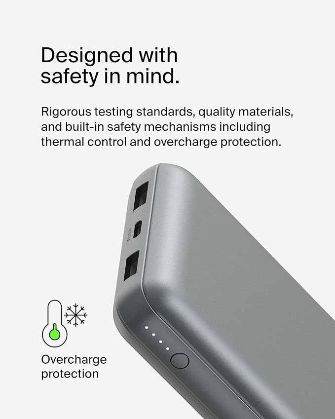 Belkin Portable Charger, USB C Power Bank 20000 mAh w/ 2 USB-A Ports, 15W w/A to C Cable for iPhone 17, Air, Pro, Pro Max, Samsung Galaxy S25, iPad, Nintendo Switch 2, Google Pixel 10, etc. - Gray