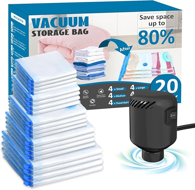 20 Pack Vacuum Seal Bags for Clothing with Electric Air Pump, Space Saver Vacuum Storage Bag for Clothes, Mattress, Blanket, Duvets, Pillows(4 Jumbo/4 Large/4 Medium/4 Small/4 Roll Up Bags)