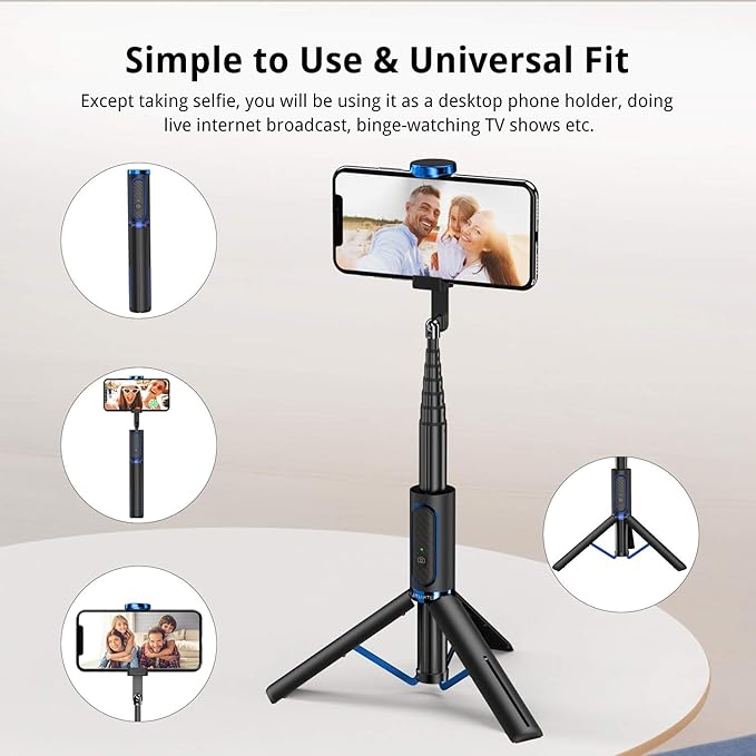ATUMTEK Selfie Stick Tripod, 3-in-1 Extendable Aluminum Phone Tripod with Detachable Bluetooth Remote, Compatible with iPhone 17/16/15/14/13/12/11/11 Pro/XS Max/XR and Samsung Smartphones, Blue
