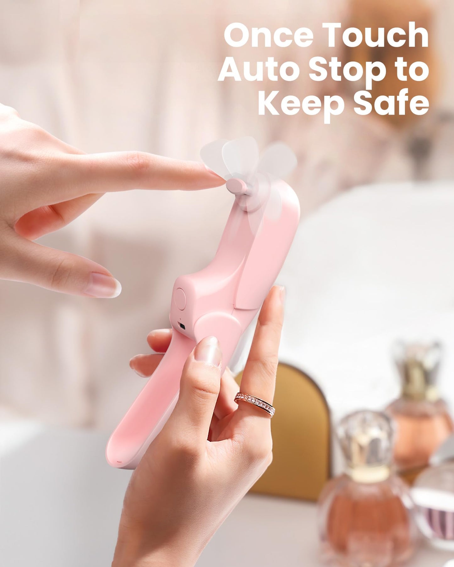 Koonie Portable Pink Fan - Foldable Mini Hand Fan for Travel, Women, Indoor Outdoor Use - Battery Operated with 8 Hour Run Time