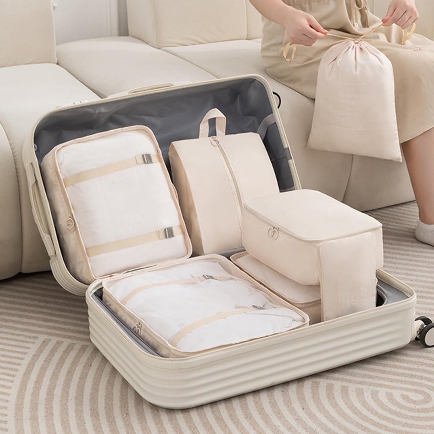 8 Pieces Mesh Packing Cubes for Travel, Luggage Packing Organizers Bags Set, Travel Essentials Suitcases Accessories with Laundry Bag, Storage Shoe Bag, Clothing Underwear Bag (Cream, 8 set)