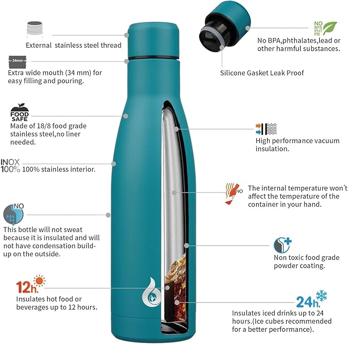 BJPKPK Insulated Water Bottle 17oz Stainless Steel Water Bottles Dishwasher Safe Reusable Metal Thermal Keep Cold and Hot,Laguna