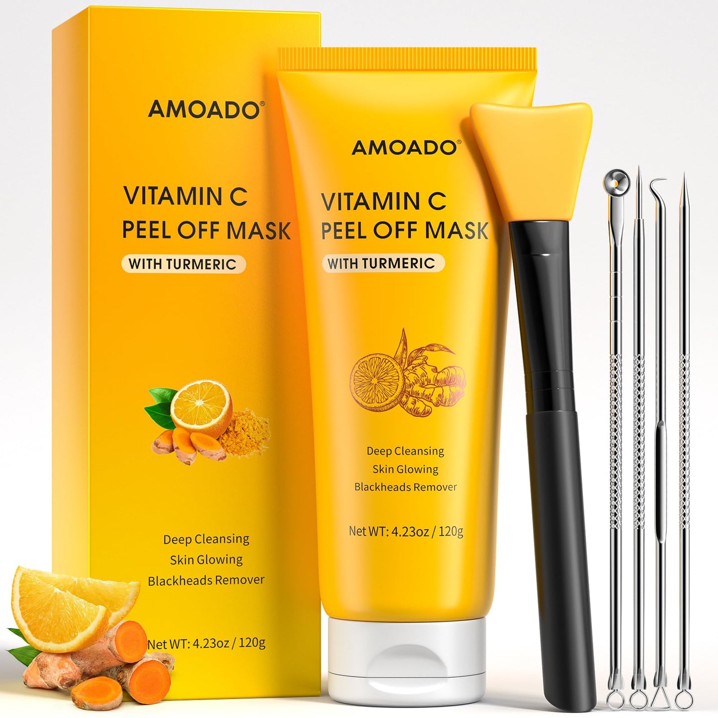AMOADO Blackhead Remover Mask, Peel Off Face Mask with Vitamin C & Turmeric for Men and Women–Deep Cleansing Nose Facial Mask for Blackheads, Pores & Oil Control with Pimple Extractor and Brush