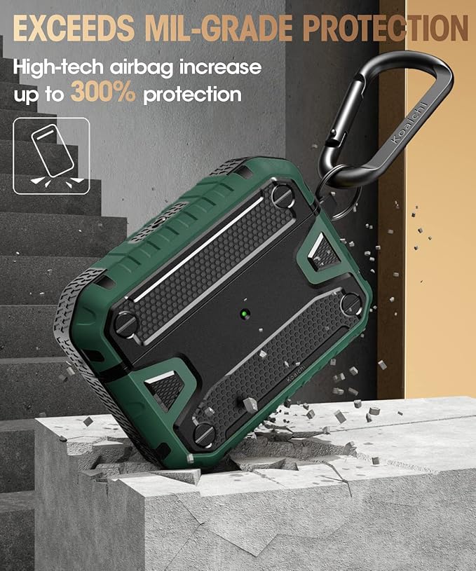 Koaichi Compatible with AirPods Pro(2nd Generation/1st Generation), Full-Body Rugged Hard Shell Protective Case Cover with Keychain Designed for AirPods Pro (2022/2019), Black/Green
