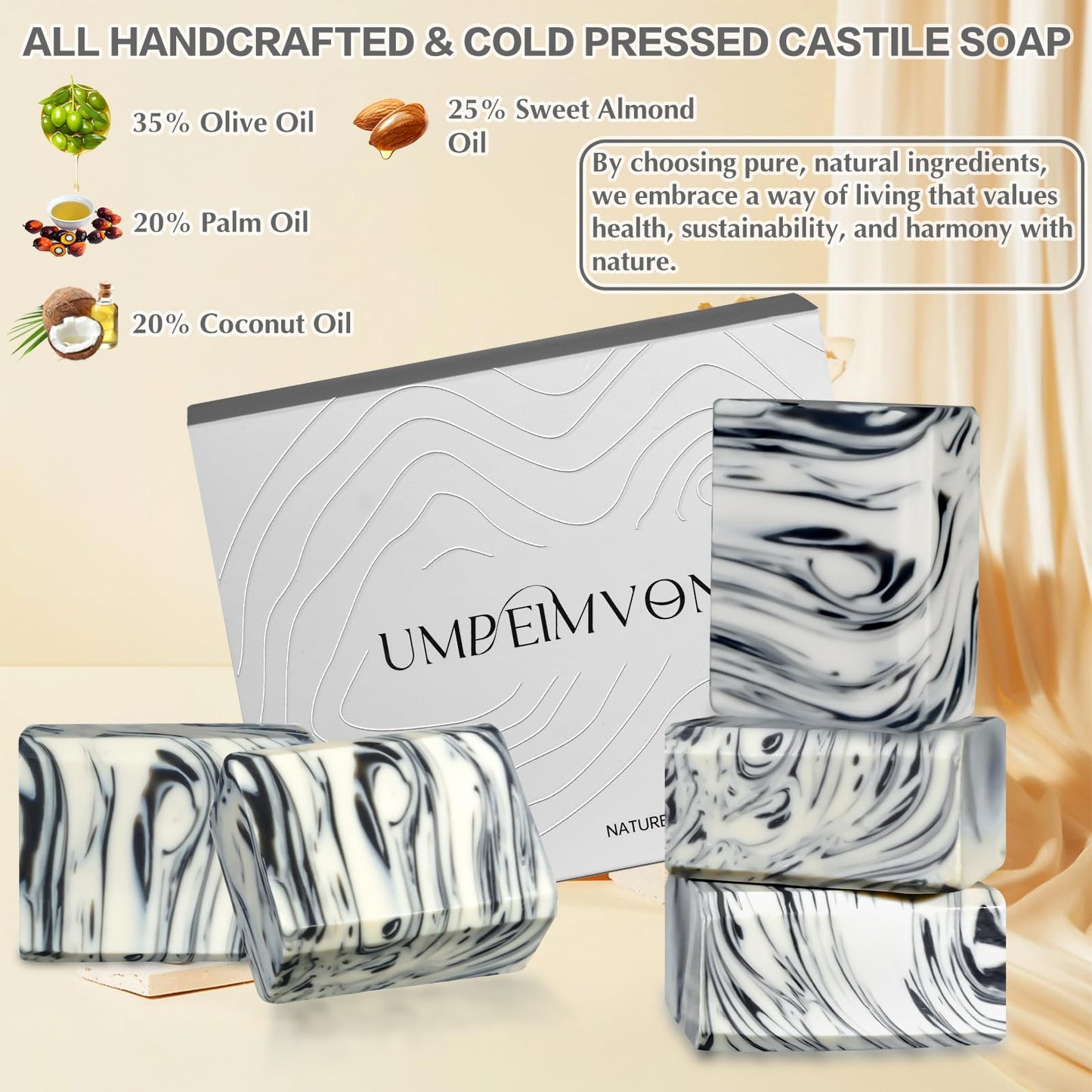 Umpeimvon 5 Pack Castile Soap Bar Handmade Organic Olive Oil Soap, All Cold Process Natural Bar Soap for Women and Men, Olive and Coconut Oil Infused Keep Skin Silky and Hydrated, 3.53 oz