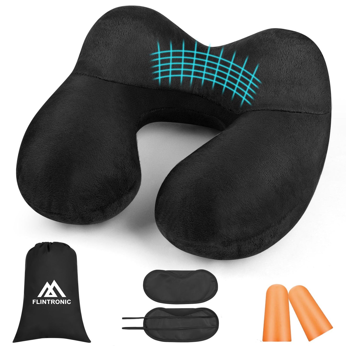 flintronic Inflatable Travel Pillow, Inflatable Travel Pillow for Airplane, Soft Velvet Neck Support, Lightweight Ergonomic Sleeping Neck Pillow for Airplane, Train, Car, Office (Black)