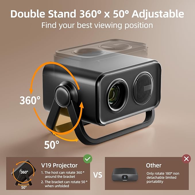 BKZ 2025 upgraded 360°Adjustable Dual Stand AI Auto Keystone Electric Focus Mini Portable Projector with Bluetooth 5.4, 1080P support Outdoor movie Projector compatible with HDMI/USB/Phone (Black)