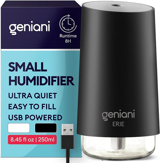 GENIANI Portable Small Cool Mist Humidifier – USB Powered (Not Rechargeable), Compact Desktop Humidifier for Plants, Office, Baby Room – Auto Shut Off & Night Light – Black, 0.25L