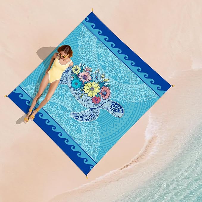 Beach Blanket Waterproof Sandproof, Turtle Flowers Oversized Extra Large Picnic Mat 83"×95"/8 × 7 FT for 1-7 Adults for Travel Camping Hiking, Quick Drying Lightweight Beach Vacation Essentials