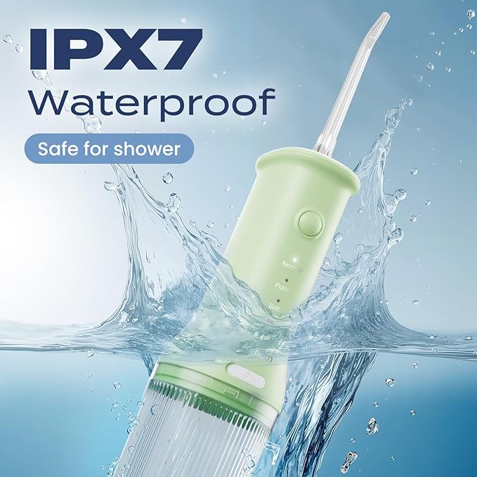 7AM2M Portable Water Flosser Cordless, Water Flosser for Teeth with 3 Modes and 2 Jet Tips, USB C Rechargeable, IPX7 Waterproof, Dental Water Flosser for Travel and Home Use (Green)