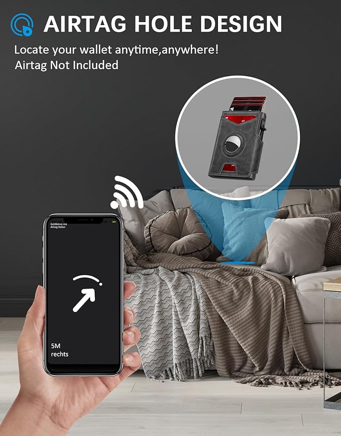 Airtag Wallet for Men, Minimalist Slim Mens Wallet Smart Pop Up Credit Card Holder for 9-13 Cards, RFID Blocking Wallet with ID Window & Cash Slot, Compact Bifold Metal Aluminum Card Case