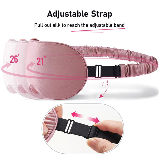 LitBear 100% 22 Momme Mulberry Silk Sleep Mask - 3D Contoured Eye Mask for Men Women, Soft Breathable Sleeping Mask with Adjustable Strap, Perfect Blocks Light for Sleeping (Bean Pink)