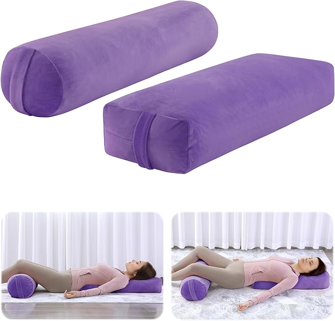 ROYALAY 2 Pcs Yoga Bolster Pillow for Restorative Yoga, Rectangular and Cylinder Meditation Pillow Set with Carrying Handles, Supportive Cushion for Exercise Workout Stretching Meditation,Purple