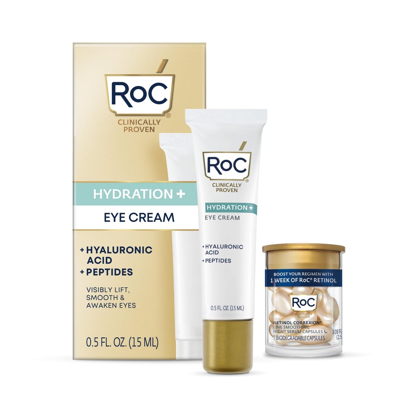 RoC Multi Correxion Hyaluronic Acid Anti Aging Under Eye Cream for Puffiness & Dark Circles (.5 OZ) + RoC Retinol Capsules (7 CT), Skin Care Routine, Fragrance & Paraben Free for Women and Men
