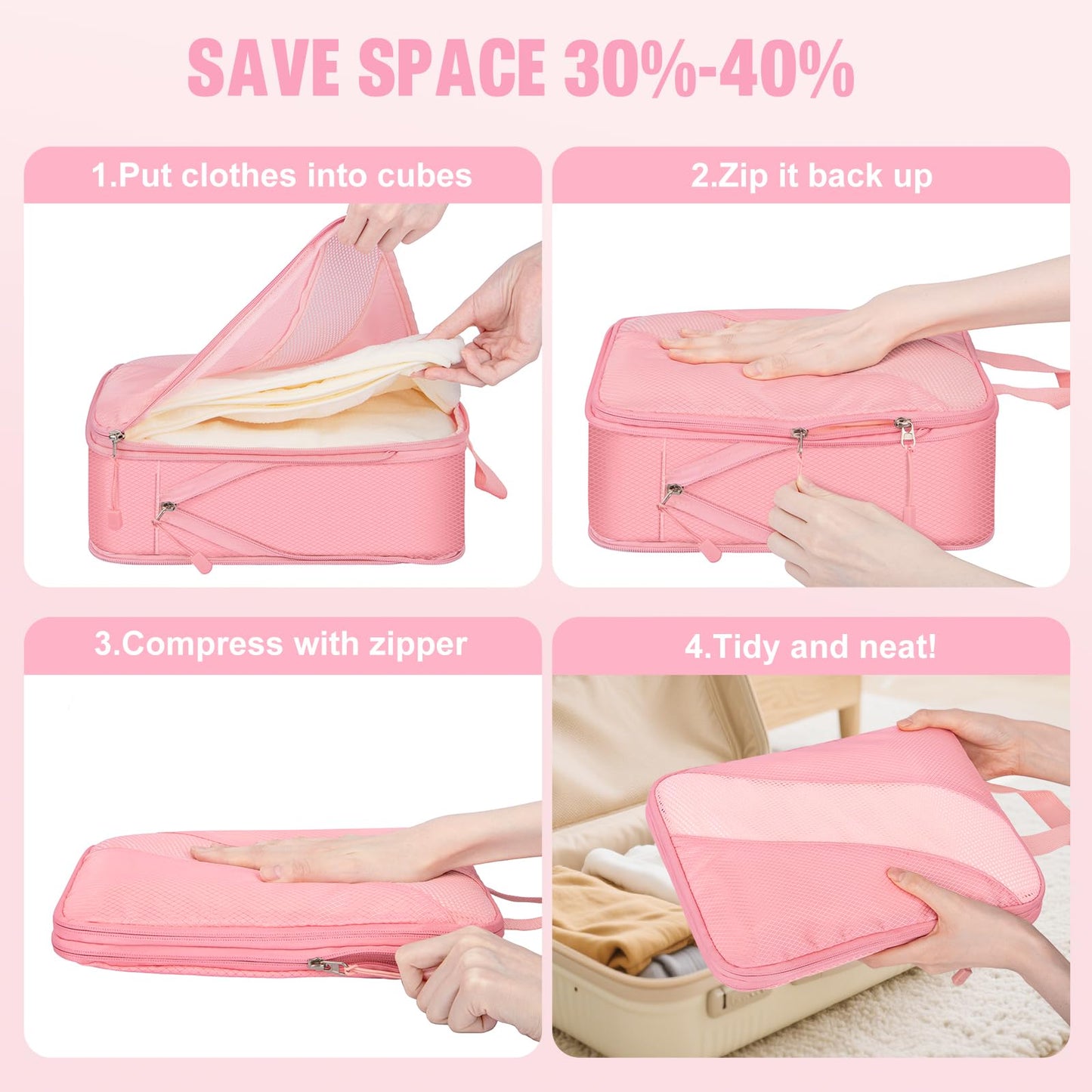 8 Set Compression Packing Cubes Travel, Expandable Travel Cubes for Carry on Luggage, Suitcase Organizer Compression Bags for Travel Essentials, Pink
