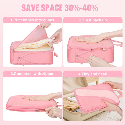 8 Set Compression Packing Cubes Travel, Expandable Travel Cubes for Carry on Luggage, Suitcase Organizer Compression Bags for Travel Essentials, Pink