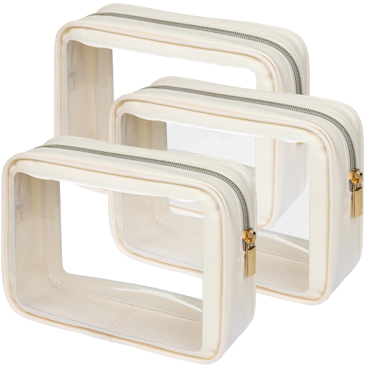 PACKISM Clear Makeup Bag - Soft Plastic Color-Edged TSA Approved Toiletry Bag, Reusable Clear Toiletry Bags with Golden Zipper, Beige