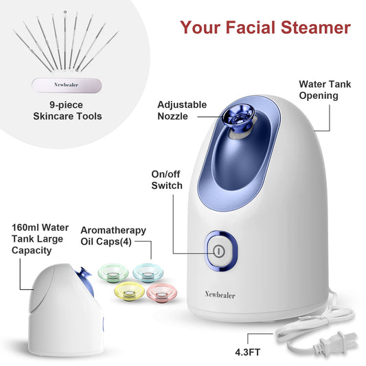 Newbealer Facial Steamer, Mini Aroma Face Steamer, Nano Ionic Hot Mist Face Humidifier for Facial Deep Cleaning, Home Sauna Spa Sprayer with 9 Pieces Acne Remover Kit (Blue, 160ml)