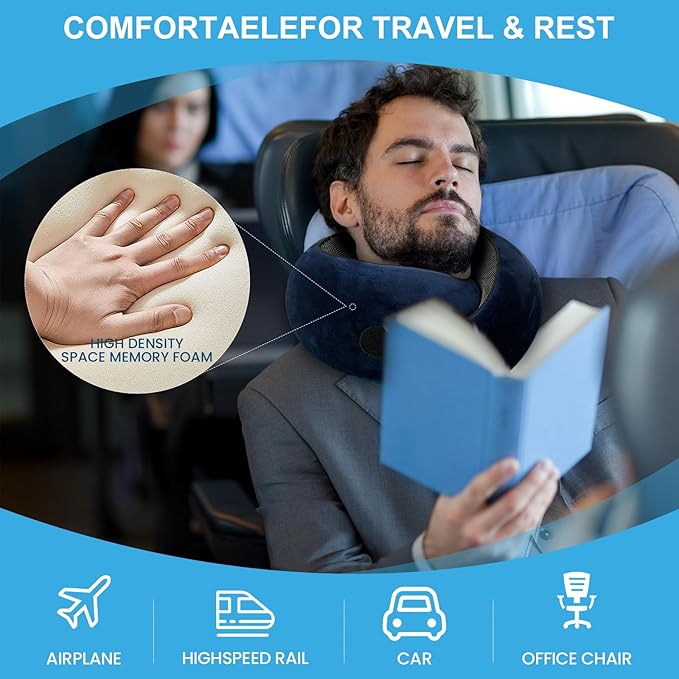 Neck Pillow, Travel Pillow uses Memory Foam to Support Neck Comfort, Ideal Companion for Airplane and car Travel, Compact, Convenient, and Versatile Airplane Sleep Pillow(Dark Blue)