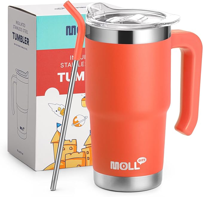 Kids Tumbler-16 oz Stainless Steel Double Wall Vacuum Insulated Tumbler Cup with Lid and Straw Travel Coffee Mug with Handle(Orange)