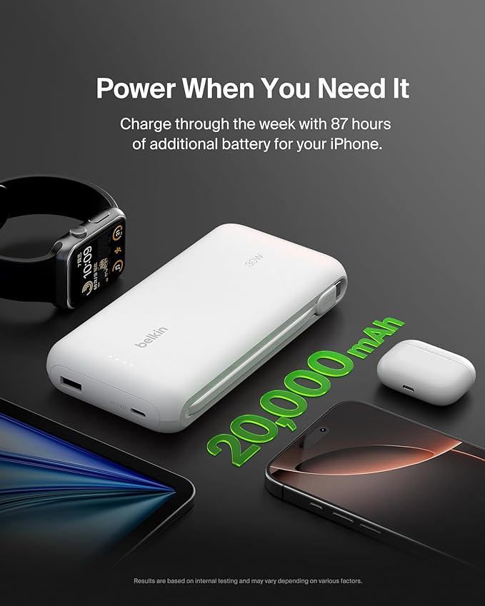 Belkin Portable Charger, Power Bank with Integrated Cable 20000 mAh 30W - Fast Charging USB C Power Delivery, iPhone Charger - iPhone 17, Air, Pro, Pro Max, iPad, Galaxy S25, & More - White