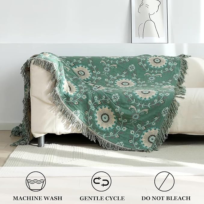 Boho Throw Blanket for Bed 100% Cotton Ultra Soft Rustic Quilt Fall Blanket Floral Printed Farmhouse Decor Bed Blankets,90"×98" All Season Rustic Throw for Sofa Couch Chair