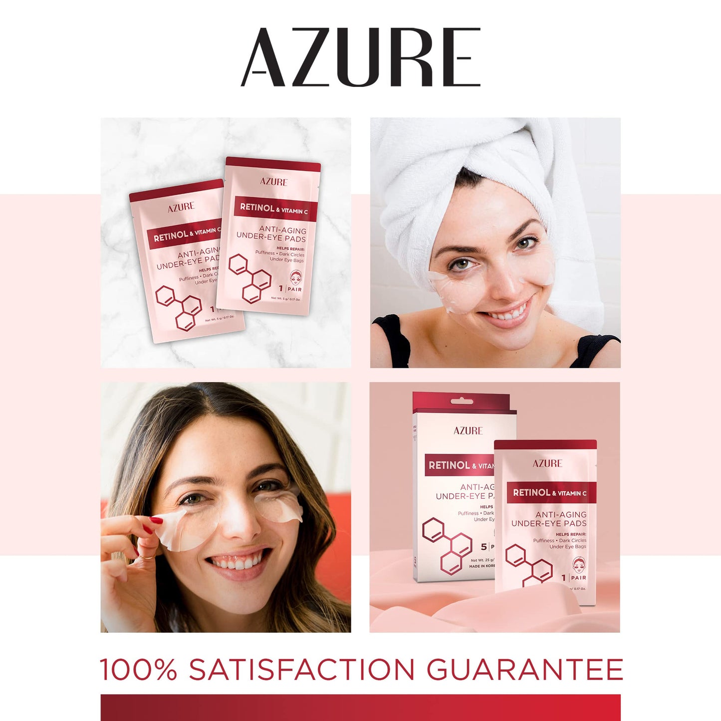 Azure Cosmetics Retinol & Vitamin C Anti Aging Under Eye Pads - Hydrating & Refreshing Eye Mask Patches - Reduces Fine Lines, Wrinkles, Dark Circles & Puffiness - Skin Care Made in Korea - 5 Pairs