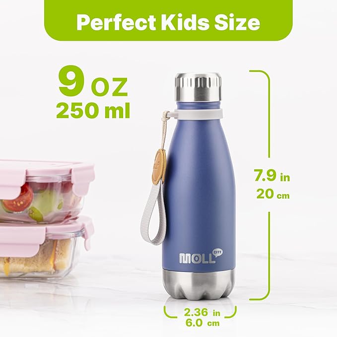 Kids Water Bottle for School-9 oz Stainless Steel Double Wall Vacuum Insulated Sports Water Bottle Reusable Metal Leak Proof Cola Shape Flask for Girls(Royal Blue)