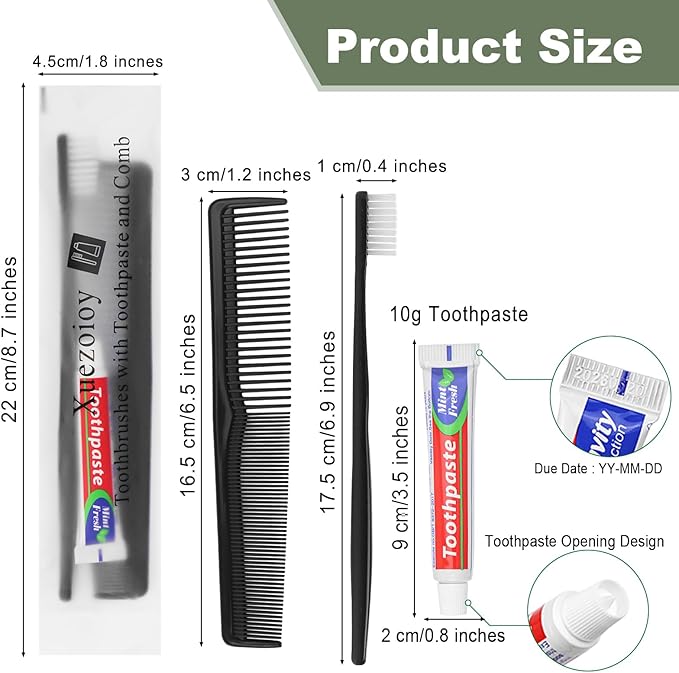 50 Pack Black Disposable Toothbrushes with Toothpaste and Comb Set,10g Toothpaste,7inch Hair Comb,Individually Wrapped Disposable Travel Toothbrushes Kit in Bulk for Homeless,Airbnb,Hotel,Shelter