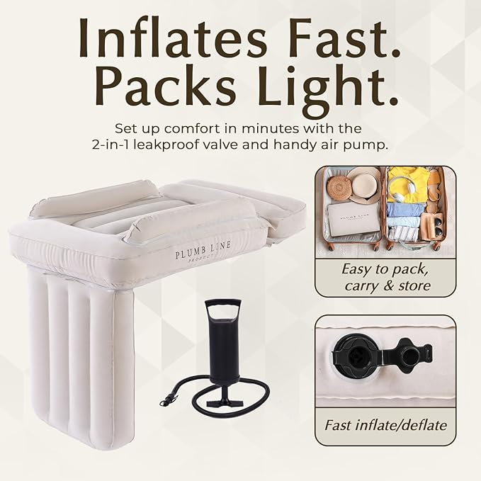 Luxury Toddler Airplane Bed – Travel Bed Seat Extender for Kids with Carry Bag, Air Pump, Pillow & Blanket – Portable Toddler Air Mattress, Travel Essentials for Airplane Seats (Beige)