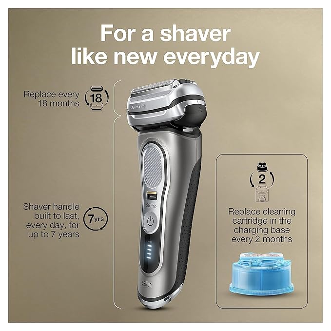 Braun Electric Razor for Men, Series 9 Pro 9465cc Wet & Dry Electric Foil Shaver with ProLift Beard Trimmer, Cleaning & Charging SmartCare Center, Head Shavers for Bald Men, Noble Metal