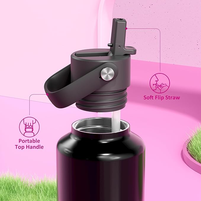 24 oz Water Bottle with Straw for Travel: Cold for 24 Hrs, Hot for 10 Hrs, Lightweight, Flex Cap, Double Walled Vacuum Insulated Thermos for Traveler, Runner, Adventure, Fitness, Trekking (Neon Night)