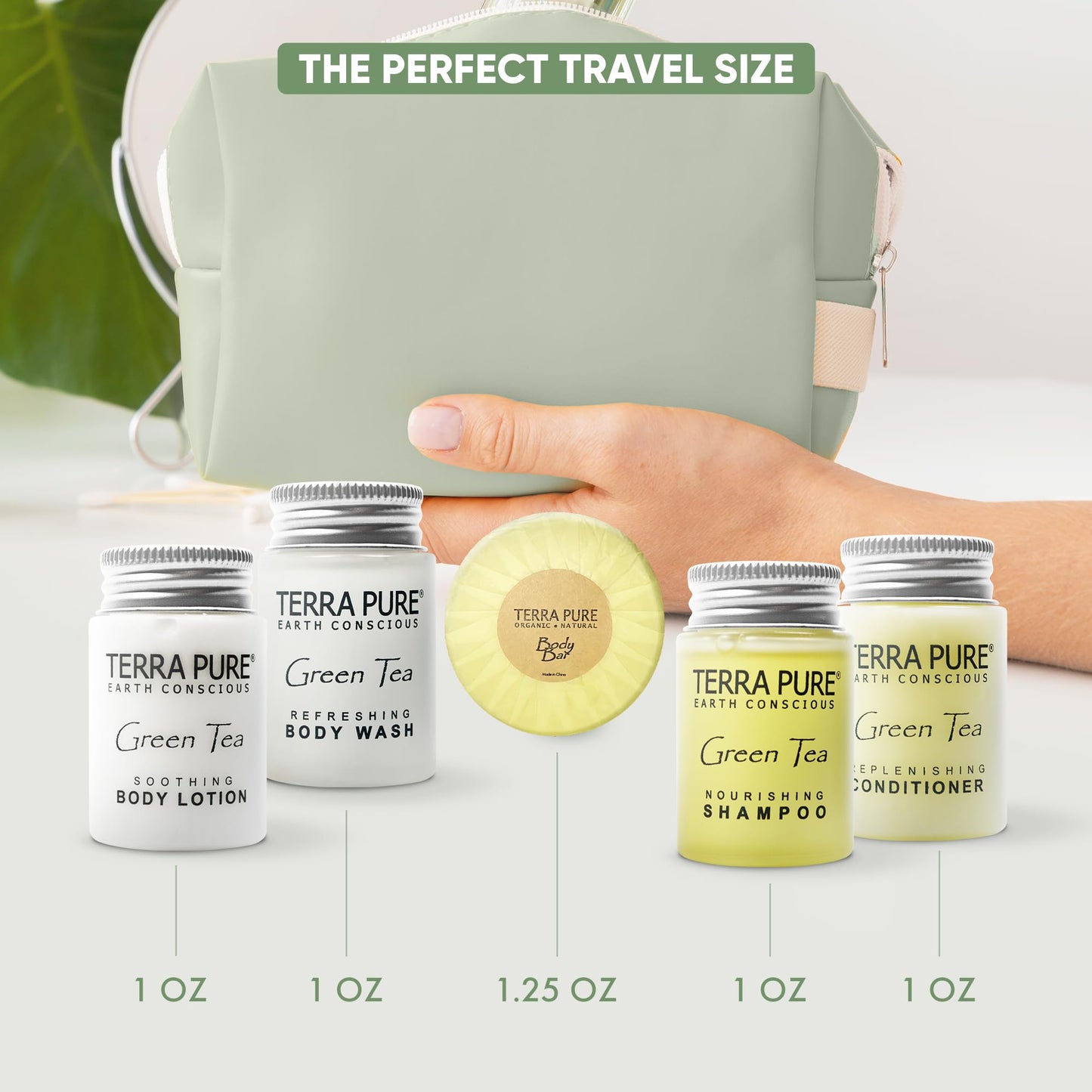 Terra Pure Hotel Soaps & Toiletries Bulk Set | 1-Shoppe Amenities Kit | 1oz Shampoo & Conditioner, Body Wash, Lotion, 1.25oz Bar Soap | Travel Size | 150 Pieces