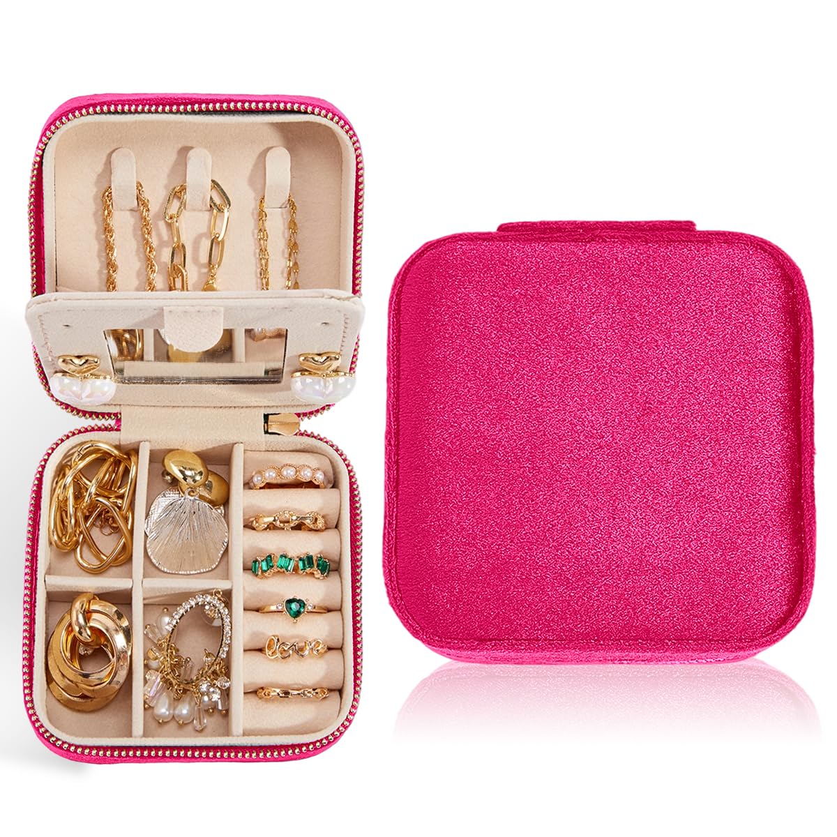 Travel Velvet Jewelry Box with Mirror, Mini Gifts Case for Women Girls, Small Portable Organizer Boxes for Rings Earrings Necklaces Bracelets