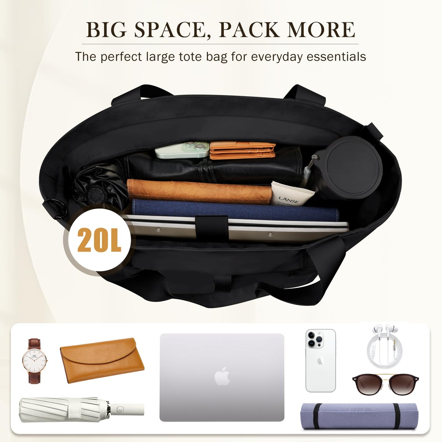 Vinabilia Tote Bag for Women, Lightweight Foldable Tote Bag With Zipper Shoulder Bag Large Top Handle Handbag for Travel, Work, Gym, Black