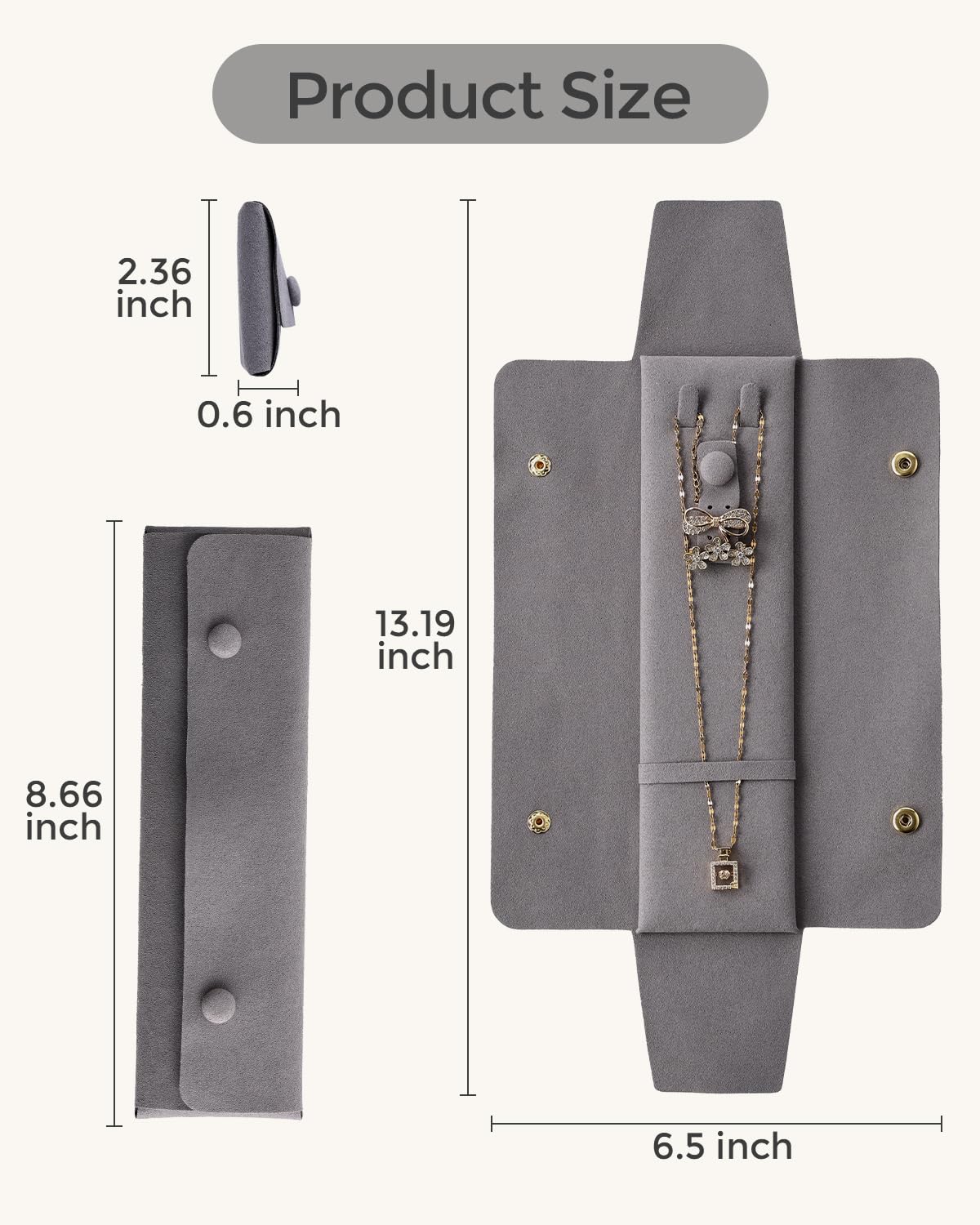 CASEGRACE Velvet Travel Jewelry Roll Bag Organizer for Necklaces, Rings, Earrings, Retaining Buckle, Anti-tangle, Everyday Storage Bag (Gray)