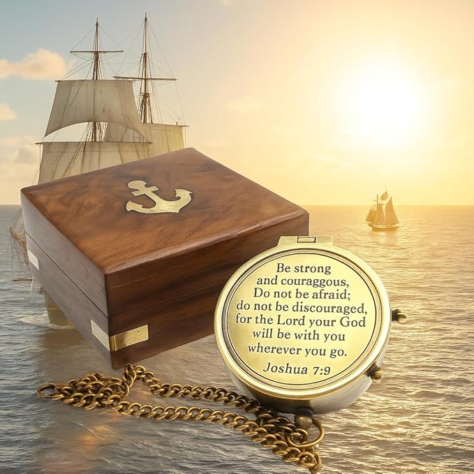 Be Strong and Courageous Compass – Antique Nautical Magnetic Compass with Engraved Scripture Quote – Baptism Gift with Wooden Box for Son, Father, Husband, Loved One