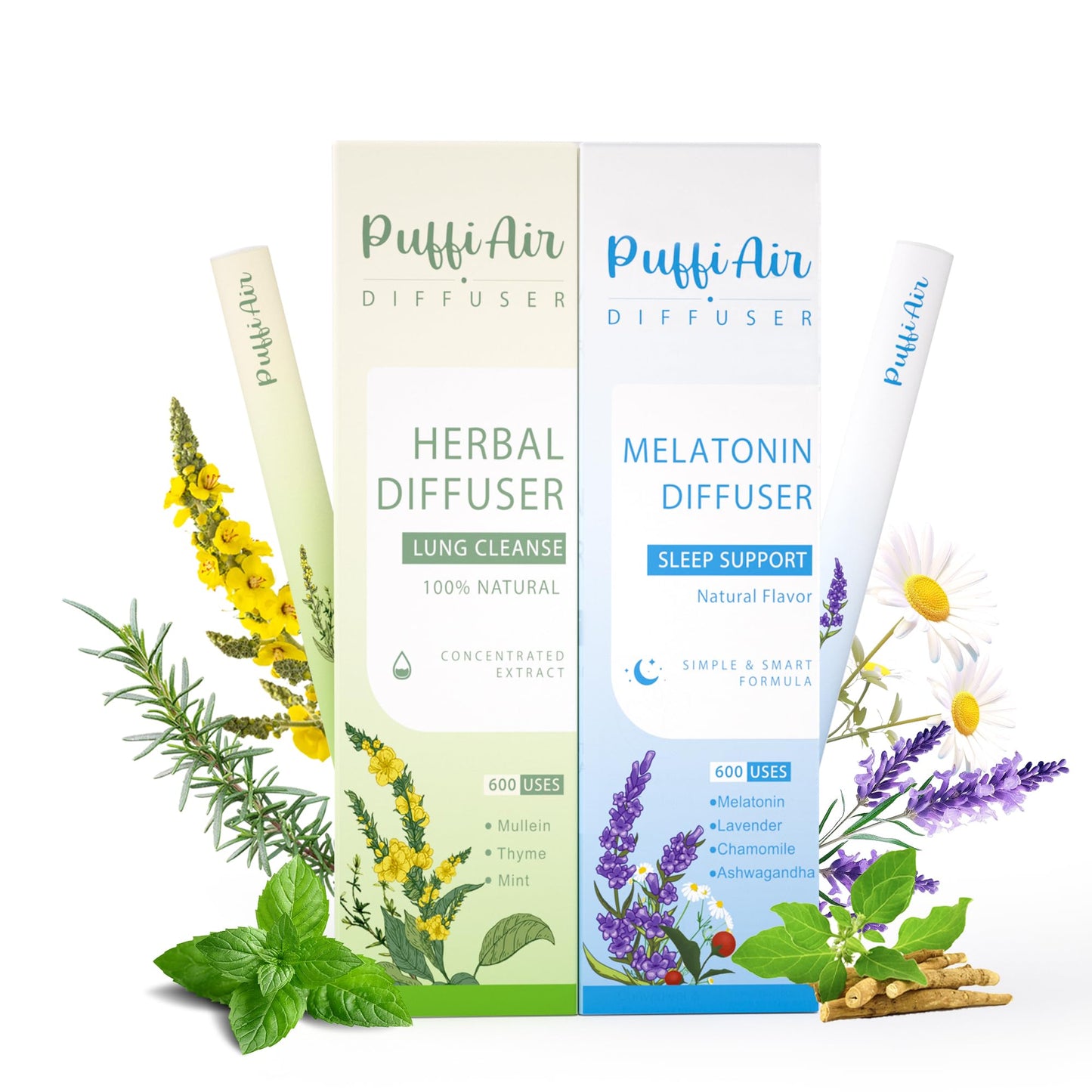 Herbal Diffuser Duo with Mullein, Melatonin & More丨Night & Day Relax Duo for Fresh Breath & Calm Sleep Support - 600 Uses Per Stick