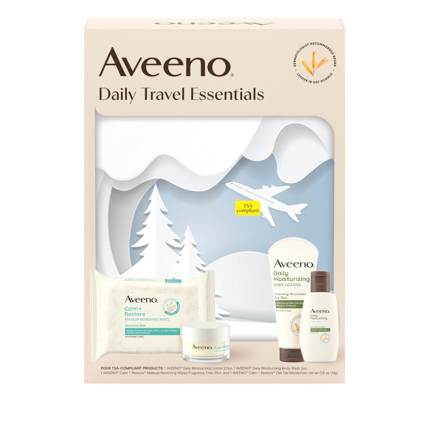 Aveeno Daily Travel Essentials Gift Set with Daily Moisturizing Lotion, Daily Moisturizing Body Wash, Calm + Restore Makeup Removing Wipes, & Calm + Restore Oat Gel Moisturizer, 4 items